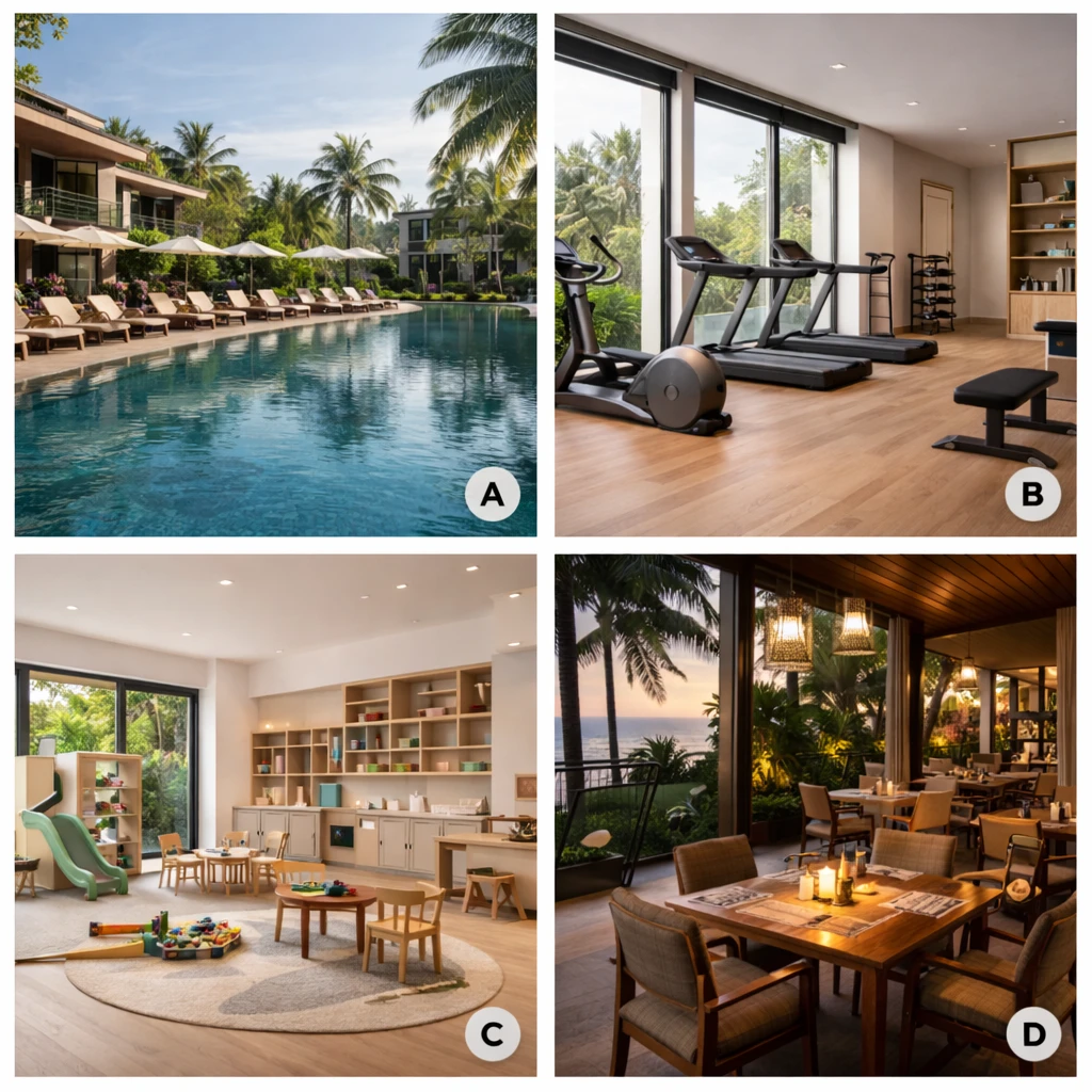 Resort facilities collage showing pool, wellness, kids club, and dining