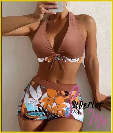 Stylish Halter Bikini Set with High Waist Shorts – Flattering Swimwear
