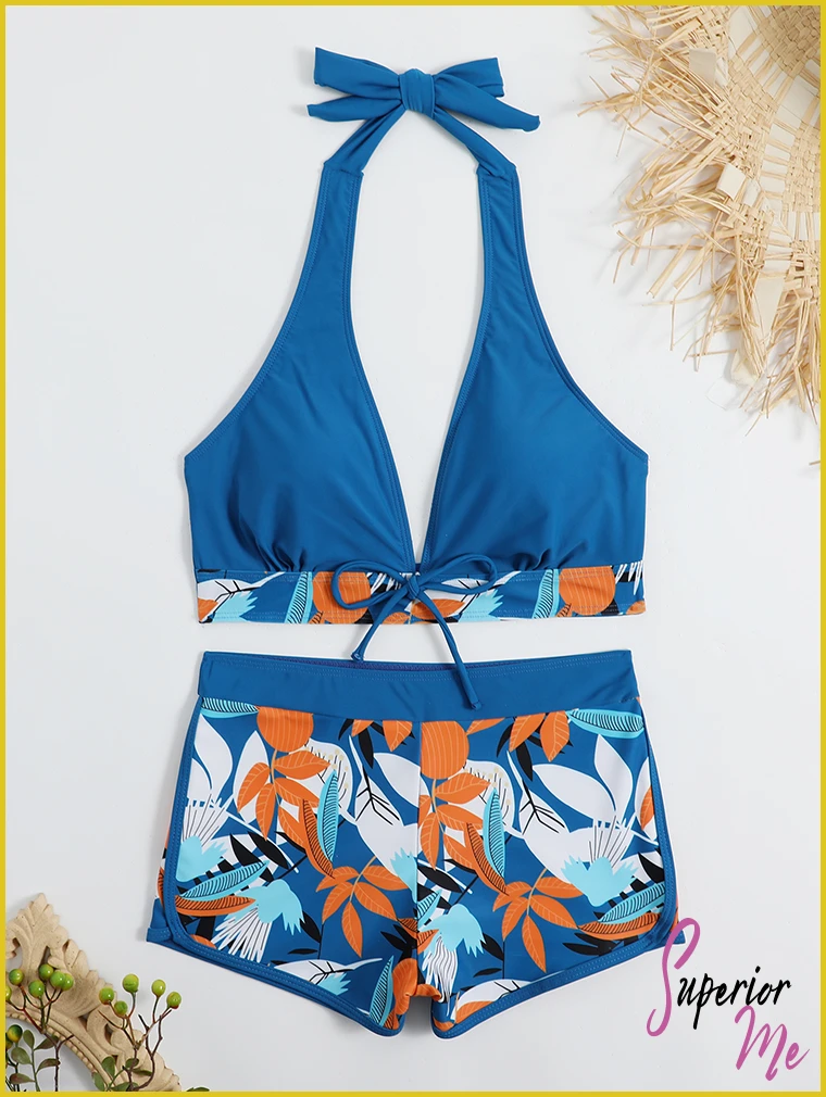 Stylish Halter Bikini Set with High Waist Shorts – Flattering Swimwear