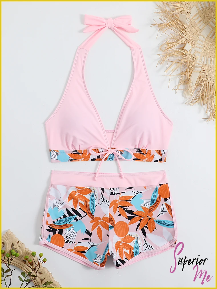 Stylish Halter Bikini Set with High Waist Shorts – Flattering Swimwear