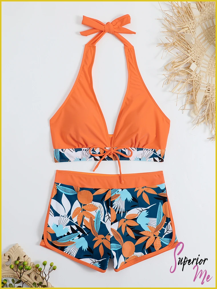 Stylish Halter Bikini Set with High Waist Shorts – Flattering Swimwear